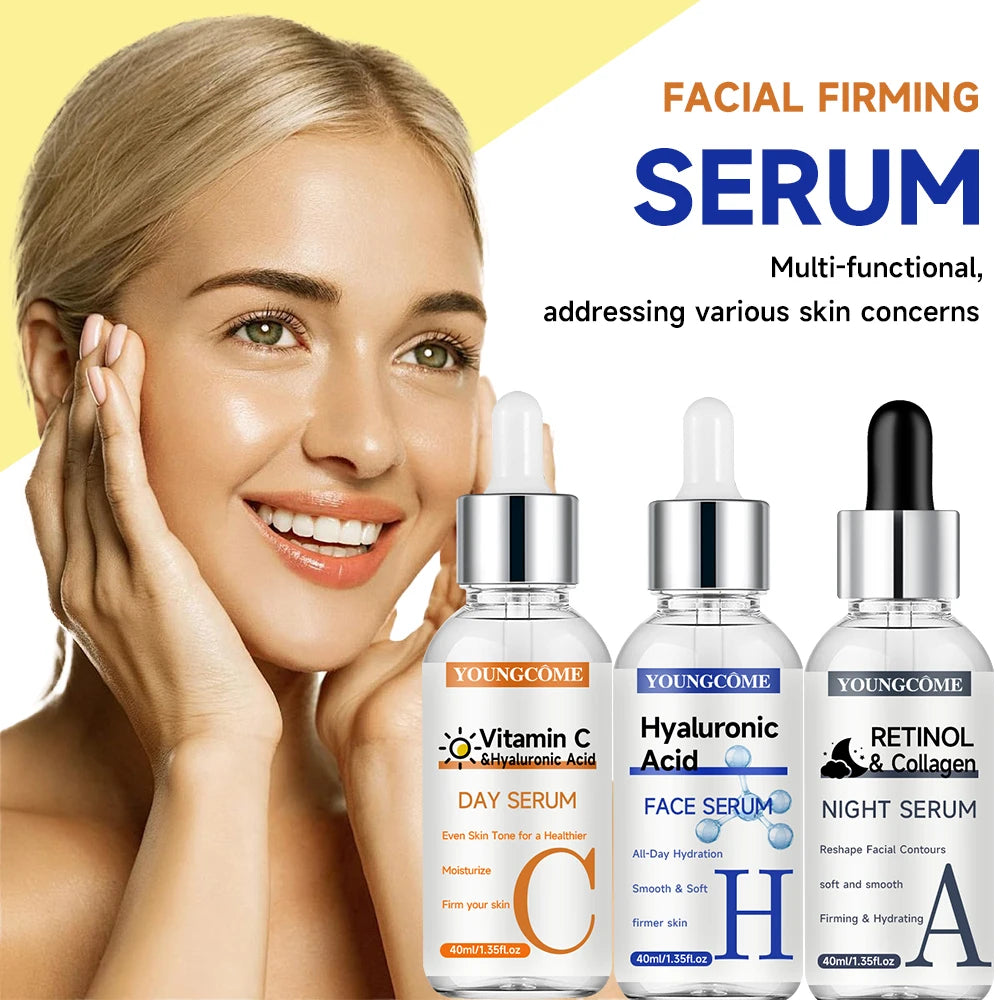 YOUNGCOME Facial Serum Set - Includes Vitamin C, Retinol & Hyaluronic Acid - Improve Skin Texture, Glow & Hydration - Day and Ni