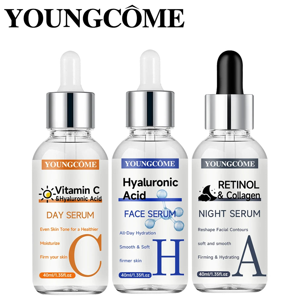 YOUNGCOME Facial Serum Set - Includes Vitamin C, Retinol & Hyaluronic Acid - Improve Skin Texture, Glow & Hydration - Day and Ni