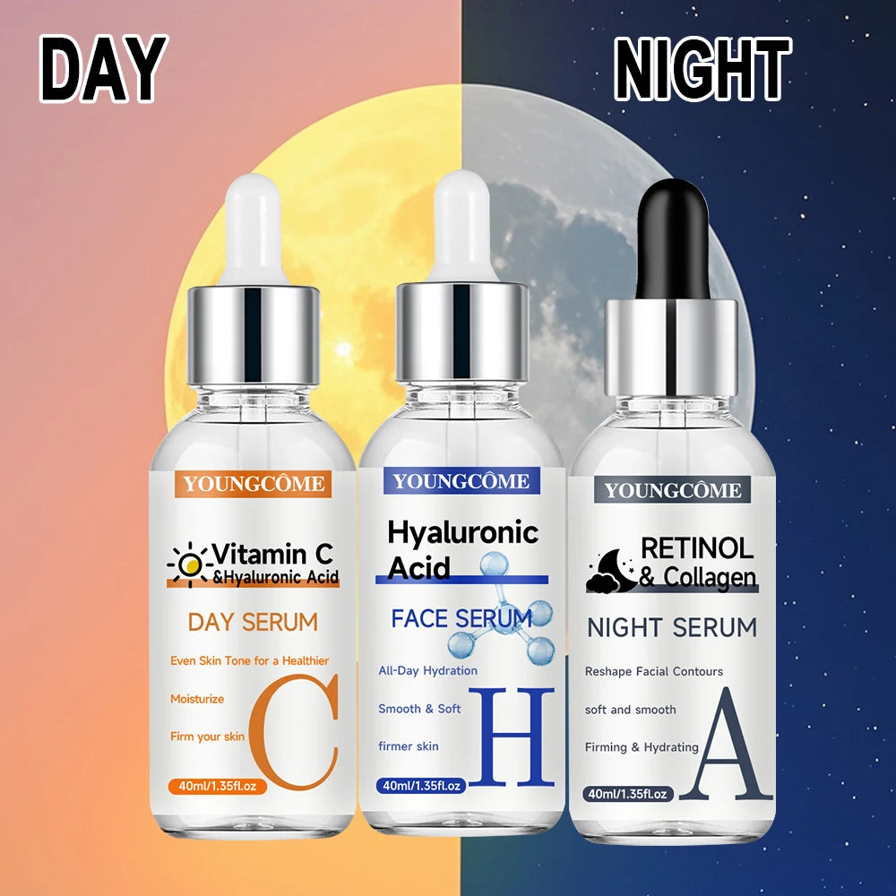 YOUNGCOME Facial Serum Set - Includes Vitamin C, Retinol & Hyaluronic Acid - Improve Skin Texture, Glow & Hydration - Day and Ni