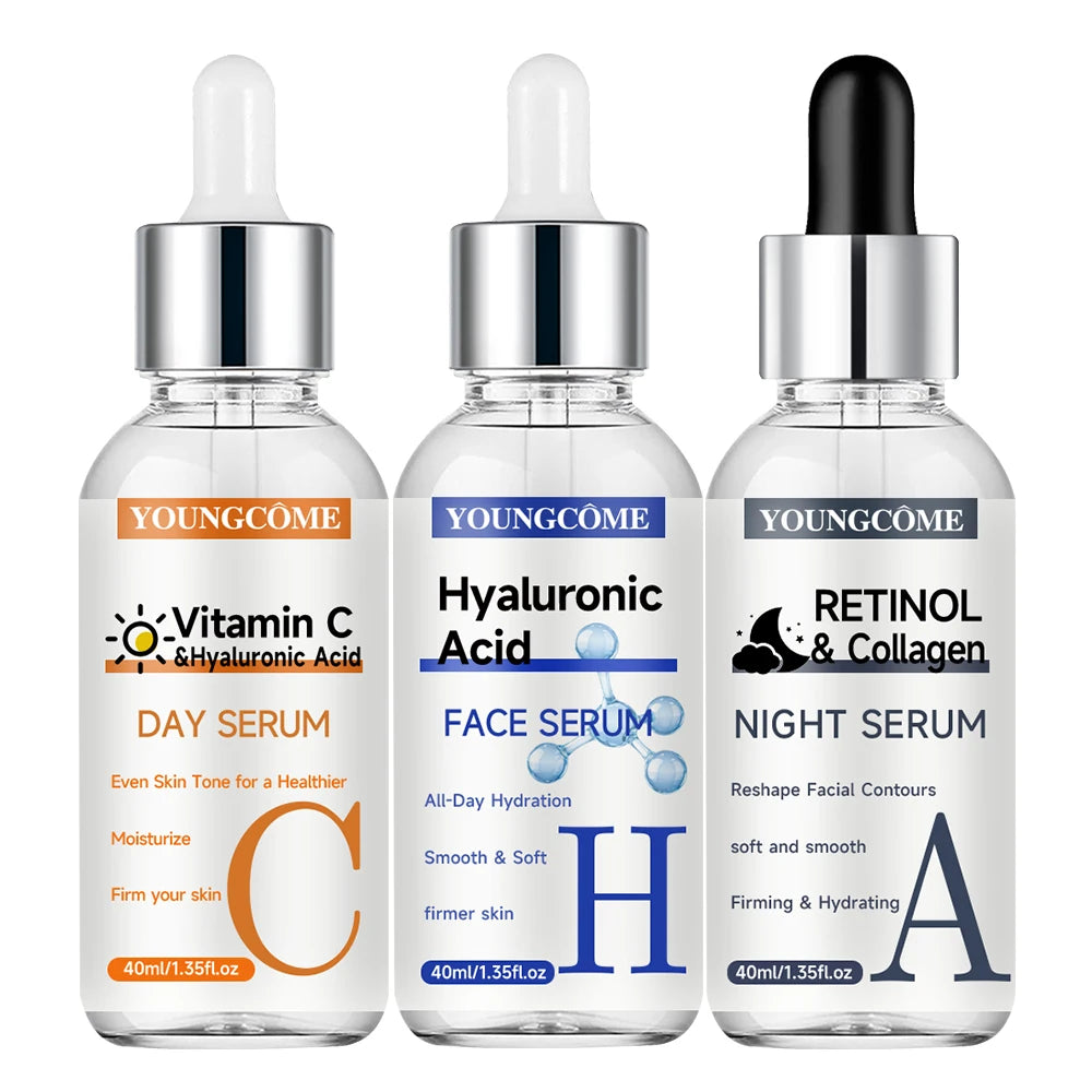 YOUNGCOME Facial Serum Set - Includes Vitamin C, Retinol & Hyaluronic Acid - Improve Skin Texture, Glow & Hydration - Day and Ni