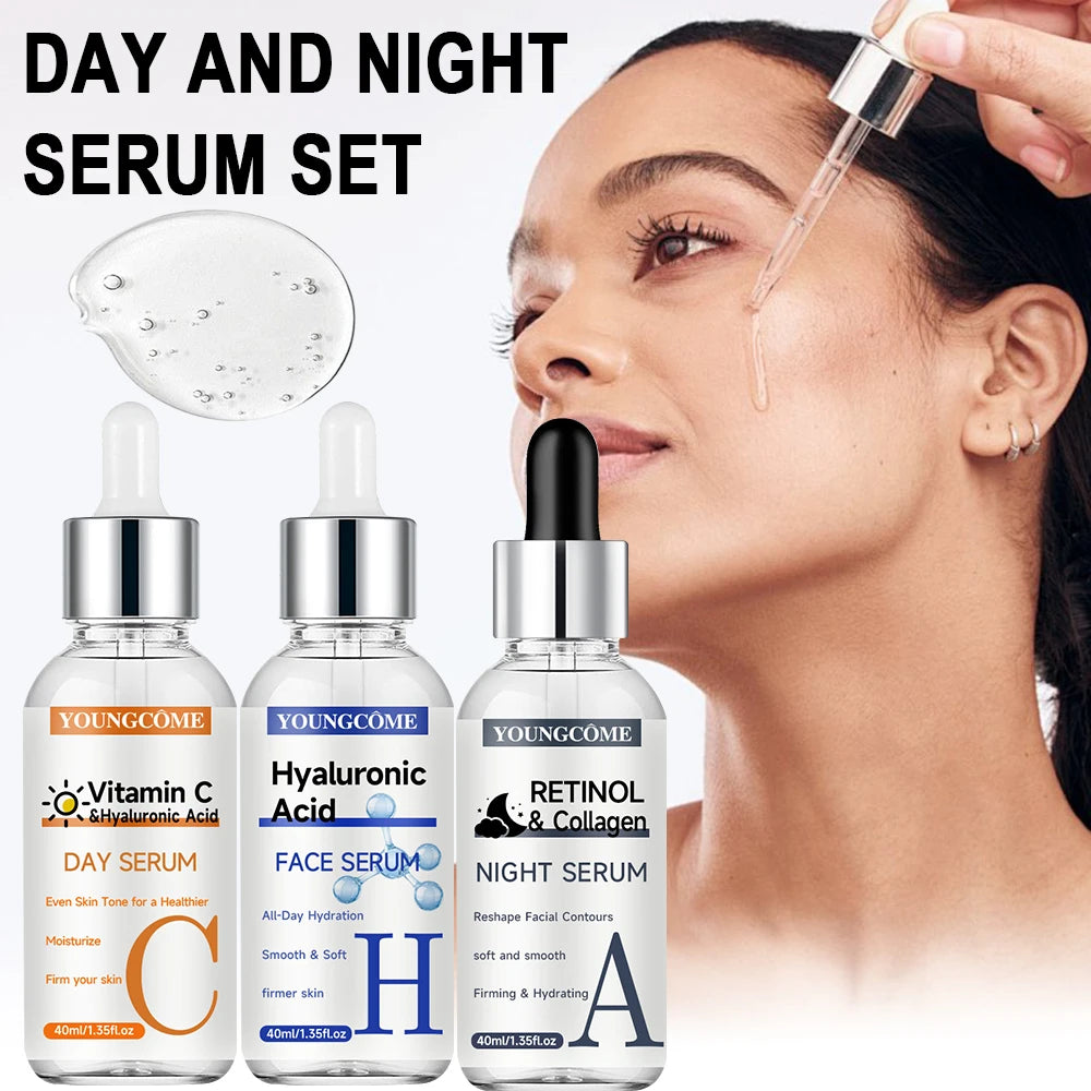 YOUNGCOME Facial Serum Set - Includes Vitamin C, Retinol & Hyaluronic Acid - Improve Skin Texture, Glow & Hydration - Day and Ni