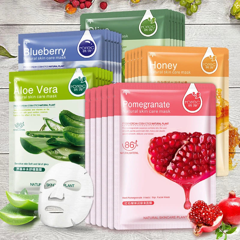 10pcs Natural Plant Facial Mask Moisturizing Oil Control Anti-Aging Fruit Aloe Korean Sheet Face Mask Beauty Skin Care Prodcuts