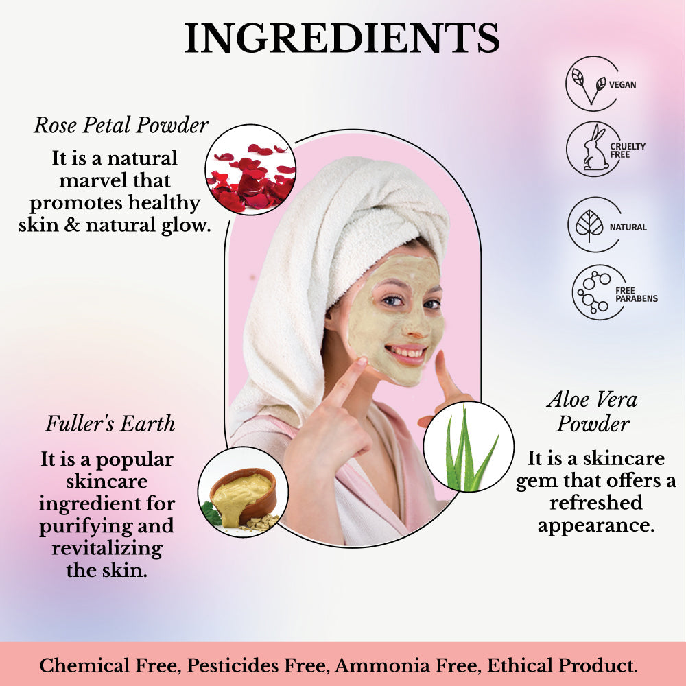 Face Glow- Fuller’s Earth w/ Rose & Aloe Vera- 12 Individual Sachets of Multani Mitti (10 gm each)- Reusable Brush & Tray Included